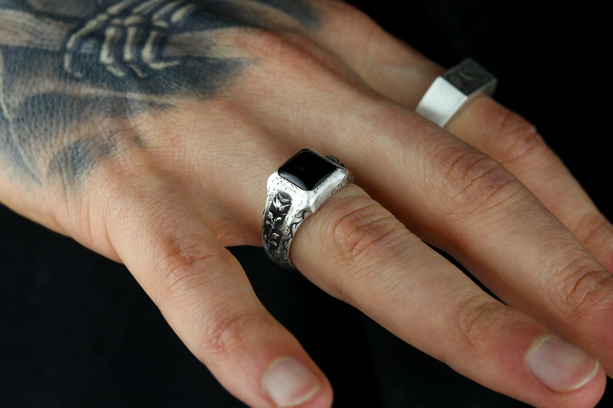 Rustic Silver Rose Signet - Black Onyx