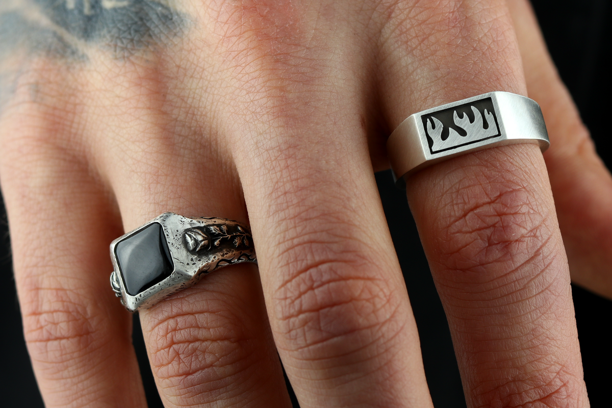 Rustic Silver Rose Signet - Black Onyx