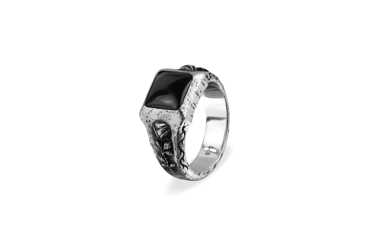 Rustic Silver Rose Signet - Black Onyx
